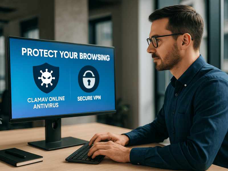 Professional man working on a computer in a modern office with “ClamAV Online Antivirus” and “Secure VPN” tools displayed on the screen.