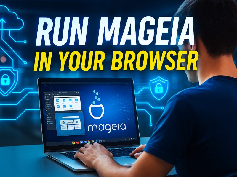 Promotional image showing Mageia Online Linux desktop running on a laptop in a high-tech digital environment, with futuristic cloud and cybersecurity icons representing browser-based access.