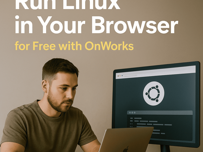 Man using a laptop with Linux Ubuntu interface on monitor, promoting OnWorks as a free way to run Linux in your browser without installation