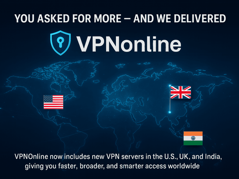 Futuristic digital map showing new VPN server locations in the U.S., UK, and India, with country flags, glowing lines, and promotional text about OffiDocs VPNOnline global expansion
