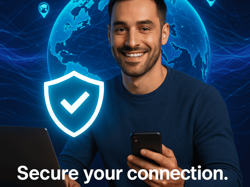 Man using VPN on laptop and smartphone with glowing shield icon and digital world map background, representing secure global online connection.