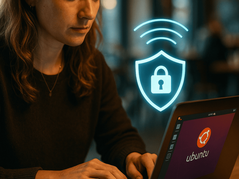 Woman using Ubuntu on a laptop in a café, connected to public Wi-Fi and activating a vpn for public wifi linux for secure browsing.