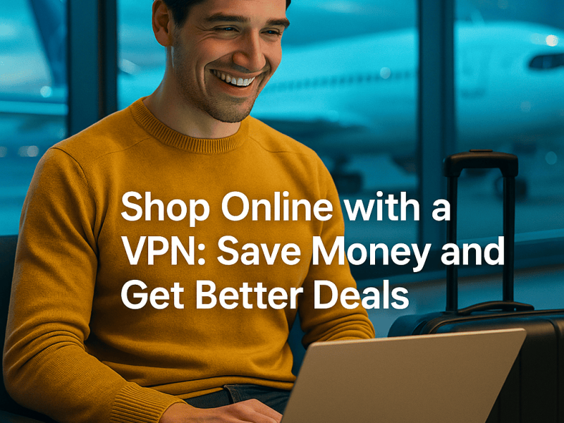 Young man at airport using laptop with a smile, showing how to shop online with VPN to save money and get better deals before a flight.