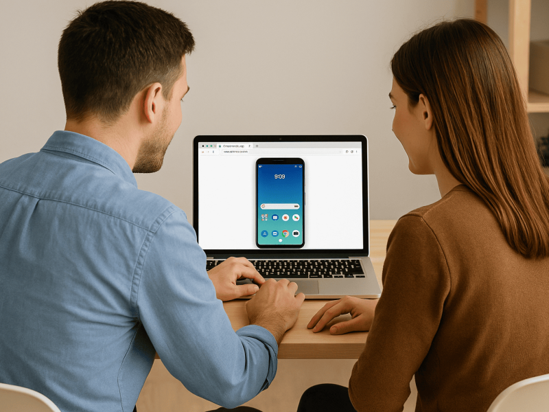 Two young professionals working together on a laptop, testing Android apps online with MyAndroid.org emulator in the browser.