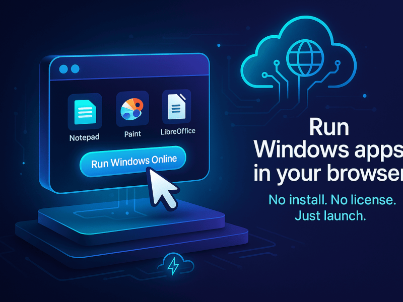 Illustration showing a virtual browser window with Notepad, Paint, and LibreOffice icons, a 'Run Windows Online' button, and the text 'Run Windows apps in your browser – No install. No license. Just launch.' on a futuristic cloud computing background.