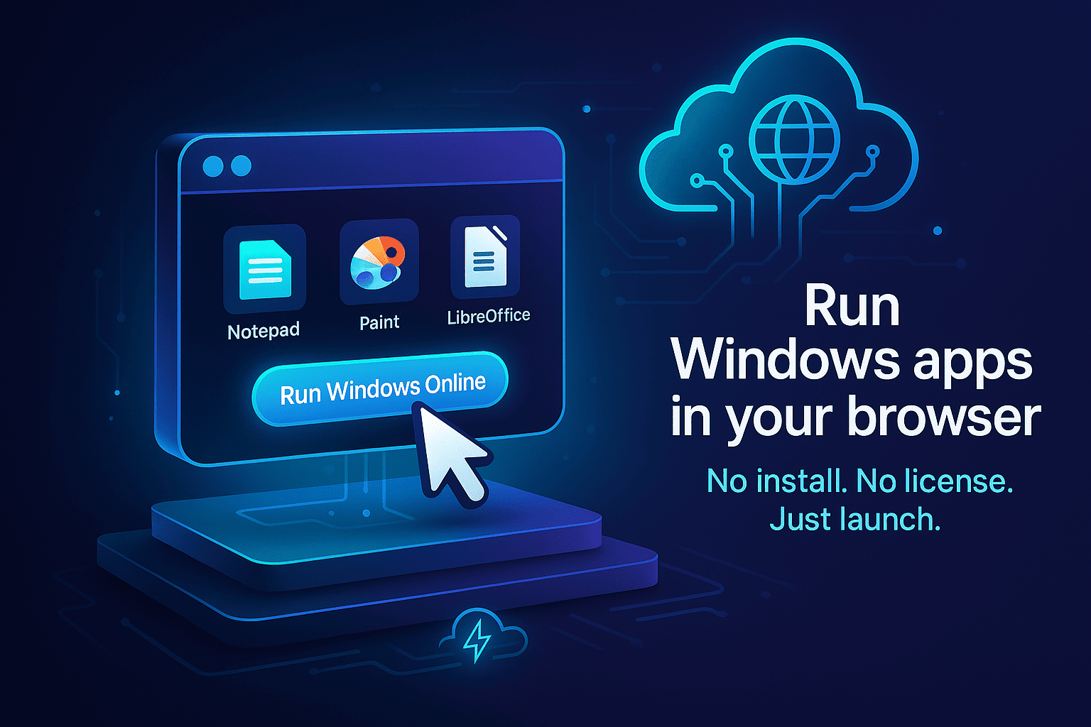 Illustration showing a virtual browser window with Notepad, Paint, and LibreOffice icons, a 'Run Windows Online' button, and the text 'Run Windows apps in your browser – No install. No license. Just launch.' on a futuristic cloud computing background.