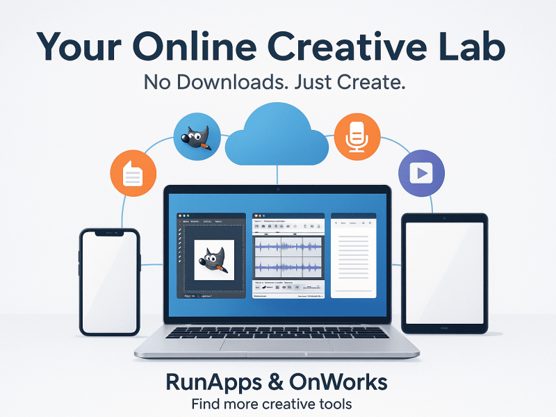 Real laptop with creative apps GIMP, Audacity, and LibreOffice open on screen, connected to cloud with smartphone and tablet. Title reads 'Your Online Creative Lab – No Downloads. Just Create'. Bottom text shows 'RunApps & OnWorks – Find more creative tools