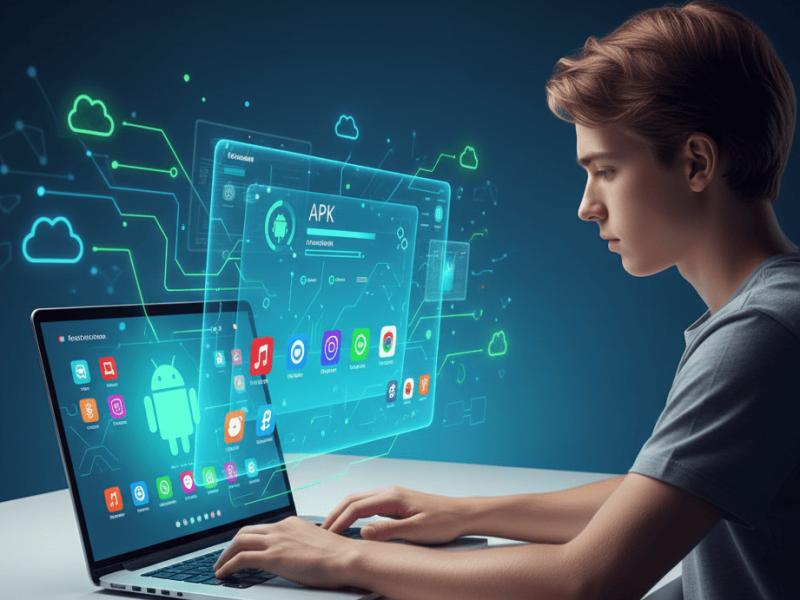 Person testing Android apps on a laptop using an online Android emulator, surrounded by cloud icons and digital connections, representing MyAndroid by OffiDocs.