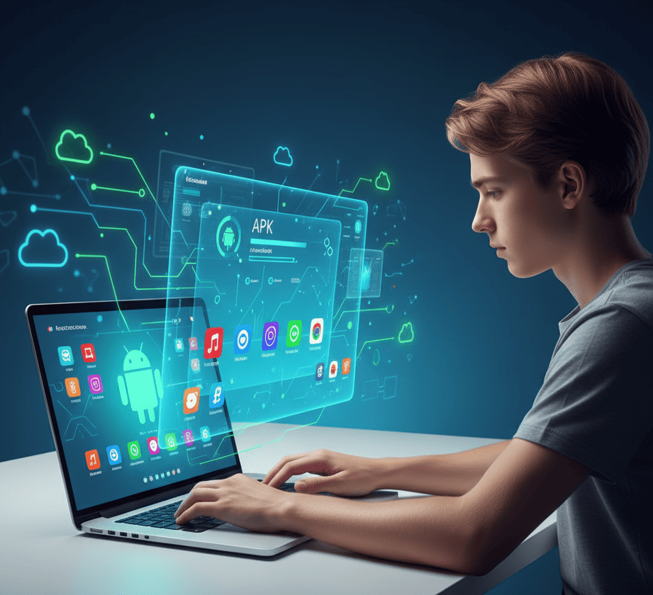 Person testing Android apps on a laptop using an online Android emulator, surrounded by cloud icons and digital connections, representing MyAndroid by OffiDocs.