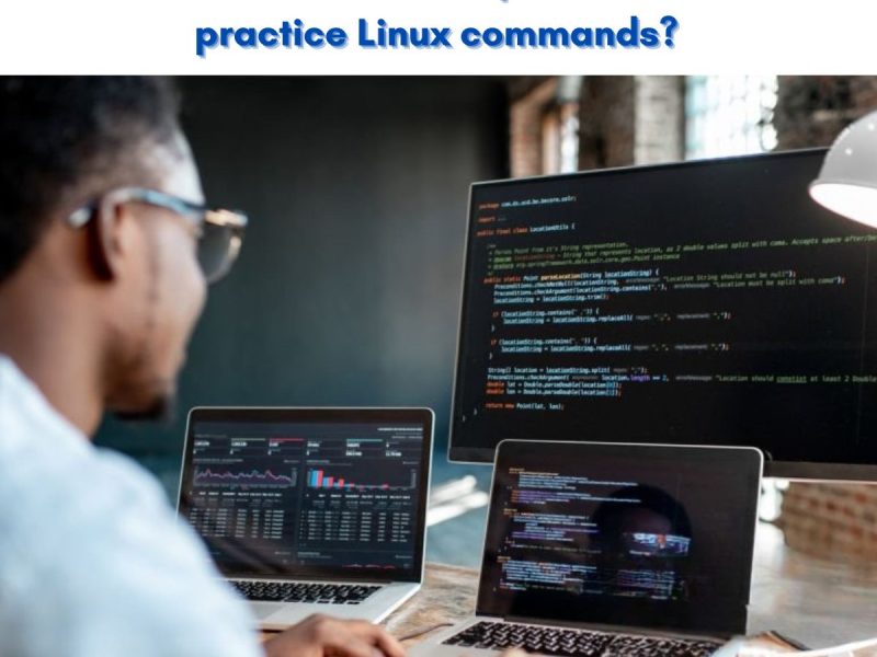 Man working on coding in a computer with three screens online Ubuntu shell