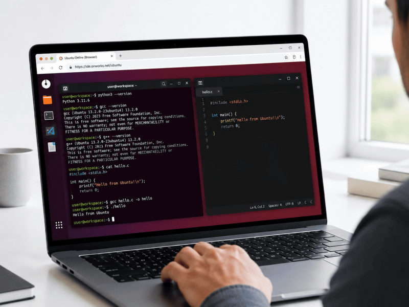 Ubuntu online compiler running code in a Linux terminal