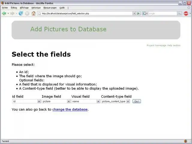 Загрузите веб-инструмент или веб-приложение Добавить изображения в базу данных