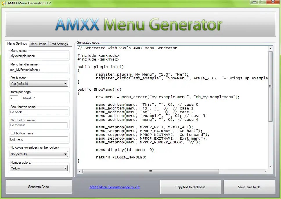 Descargue la herramienta web o la aplicación web AMXX Menu Generator v1.2 para ejecutar en Windows en línea sobre Linux en línea