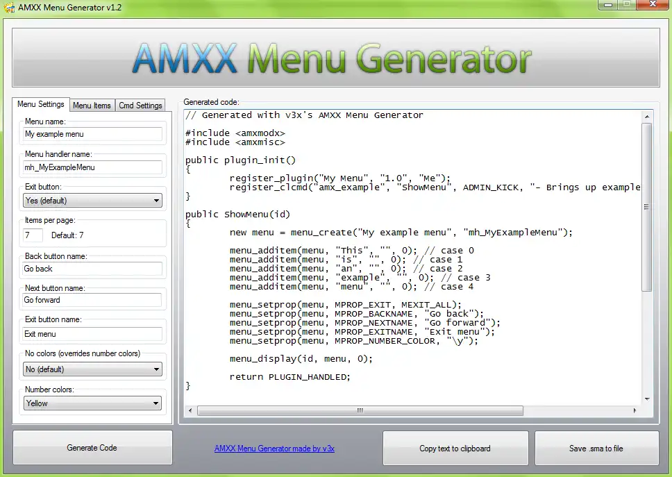 Download web tool or web app AMXX Menu Generator v1.2 to run in Windows online over Linux online