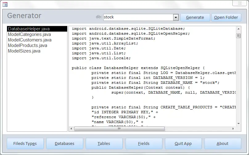Mag-download ng web tool o web app na Android Sqlite DatabaseHelper Generator