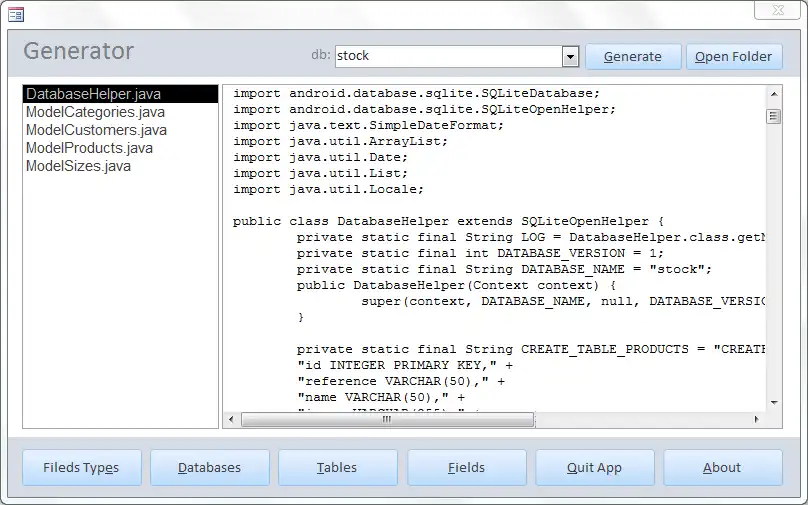 Download web tool or web app Android Sqlite DatabaseHelper Generator