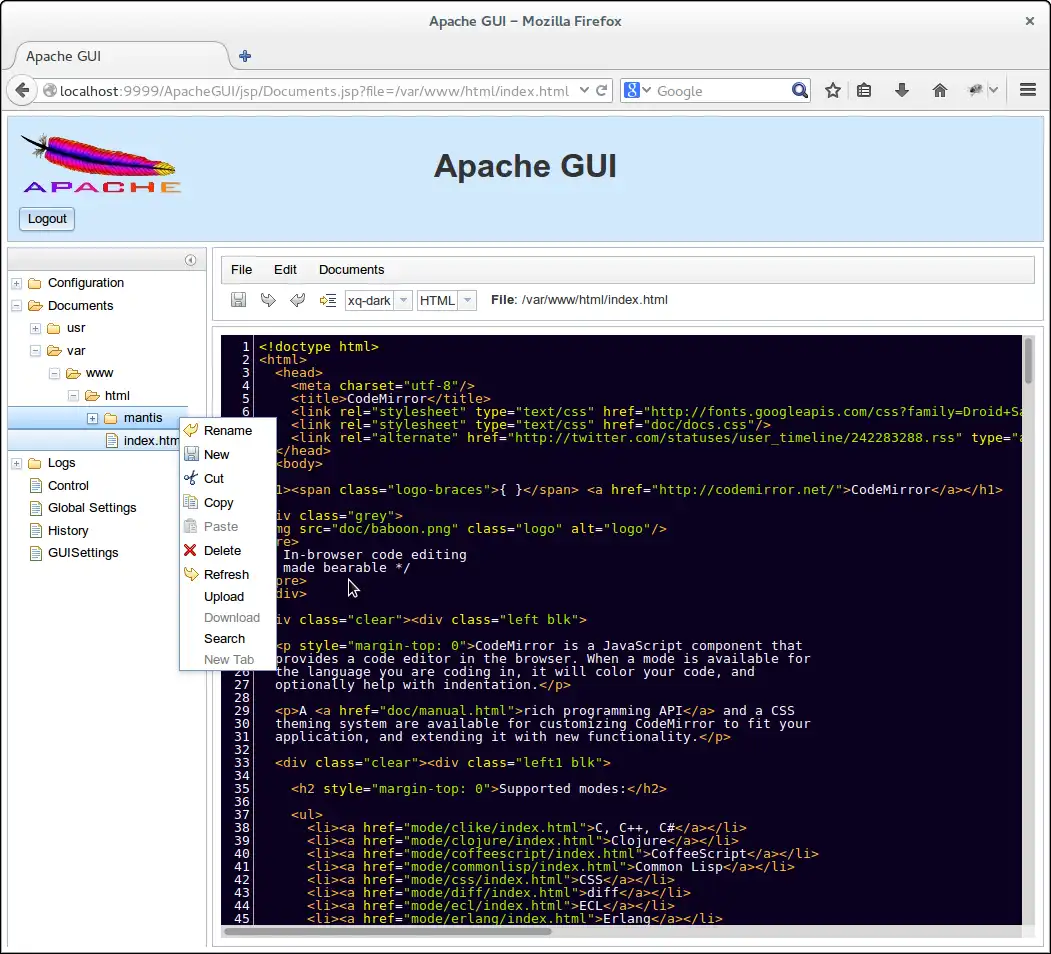 Загрузите веб-инструмент или веб-приложение Apache GUI
