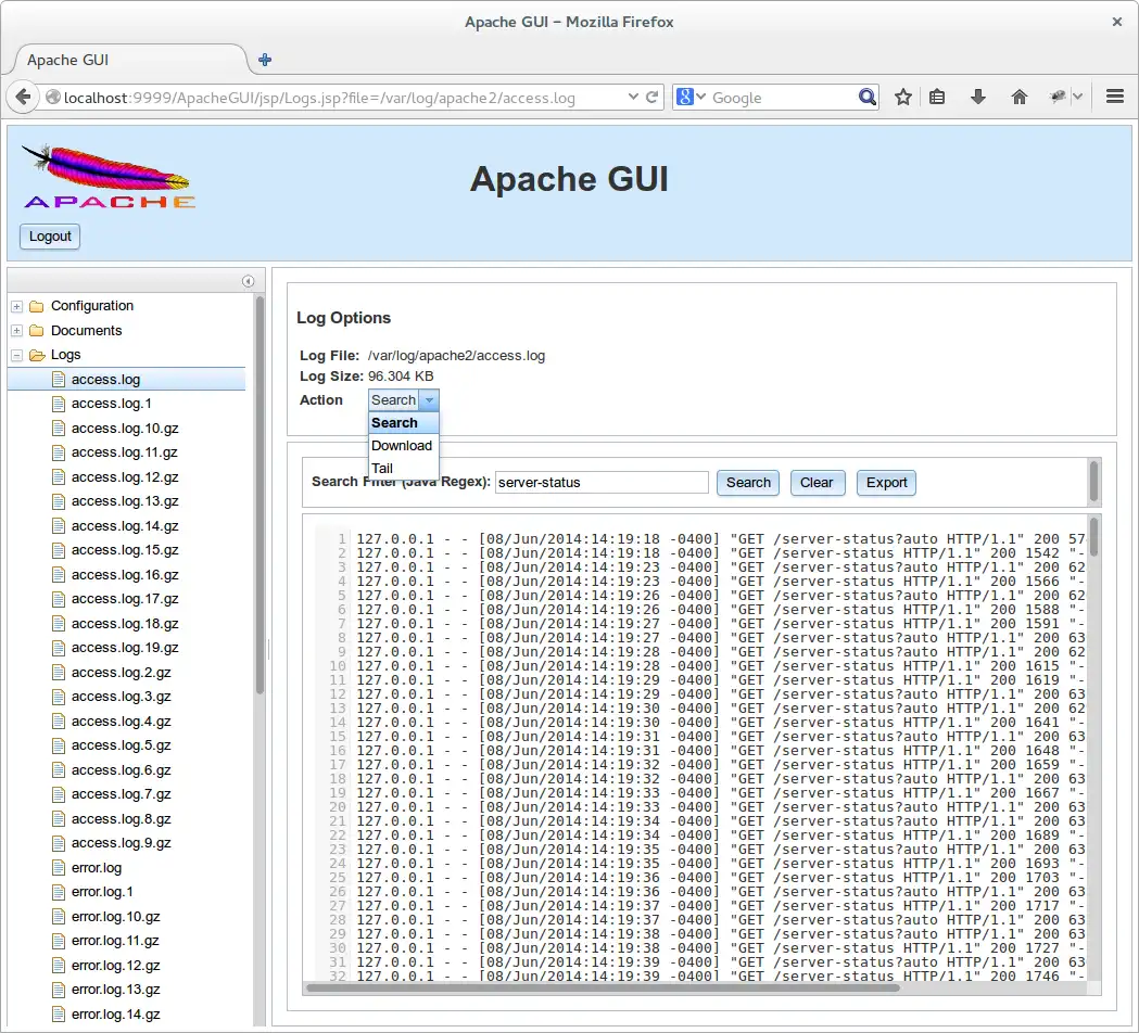 הורד כלי אינטרנט או אפליקציית אינטרנט Apache GUI