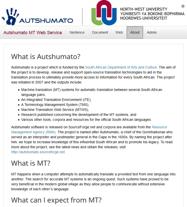 Laden Sie das Web-Tool oder die Web-App Autshumato MTWS herunter, um es online unter Linux auszuführen