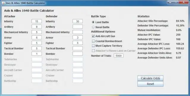 Descargue la herramienta web o la aplicación web Axis and Allies 1940 Battle Calculator para ejecutar en Windows en línea sobre Linux en línea