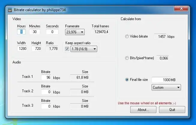 Download web tool or web app Bitrate calculator