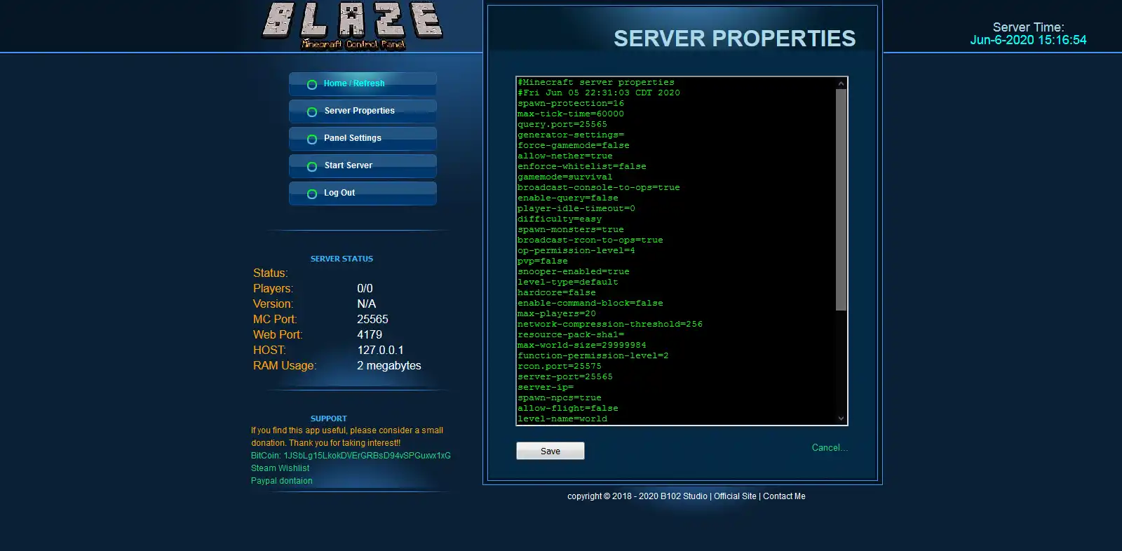 Download web tool or web app Blaze Minecraft Control Panel to run in Windows online over Linux online