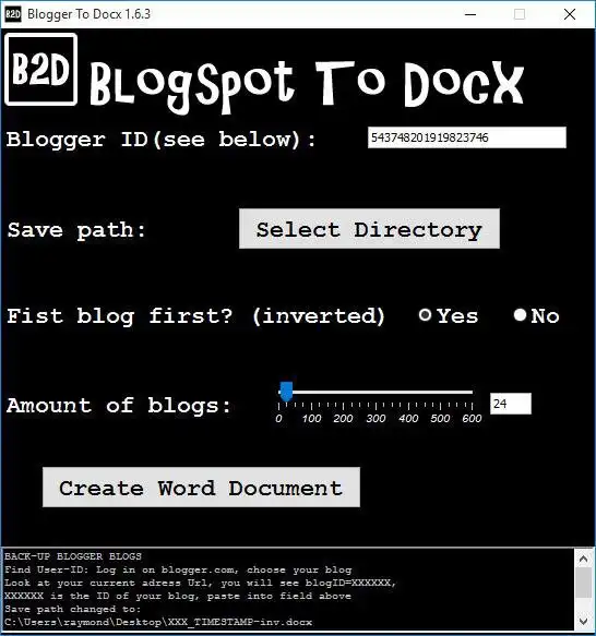 Download web tool or web app Blogspot To Docx
