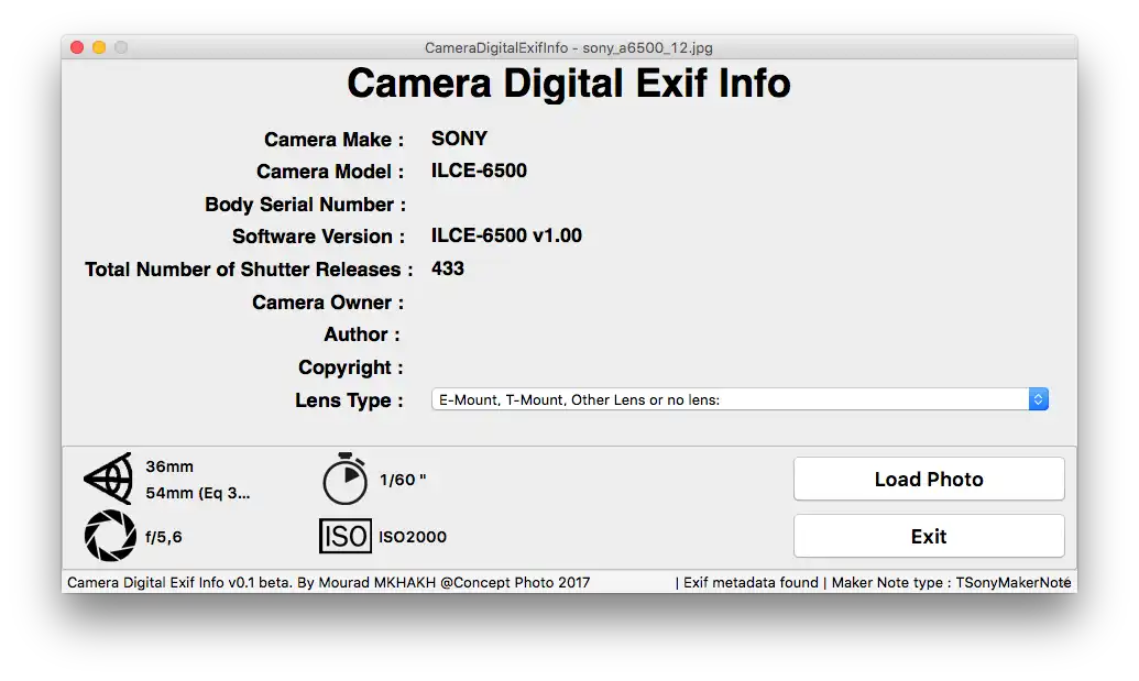 Загрузите веб-инструмент или веб-приложение Камера Digital Exif Info