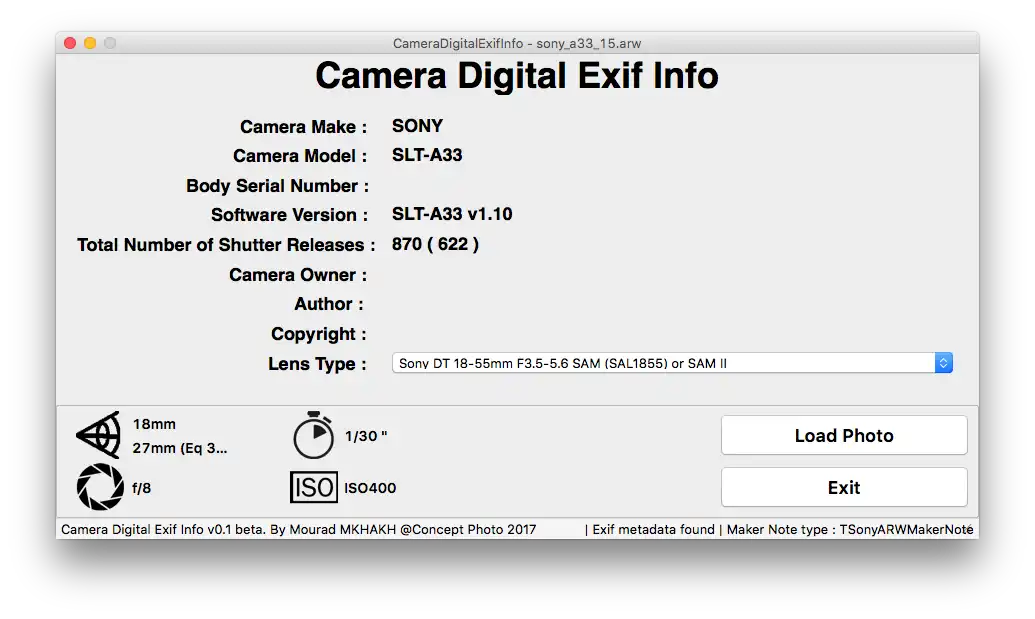 웹 도구 또는 웹 앱 Camera Digital Exif 정보 다운로드