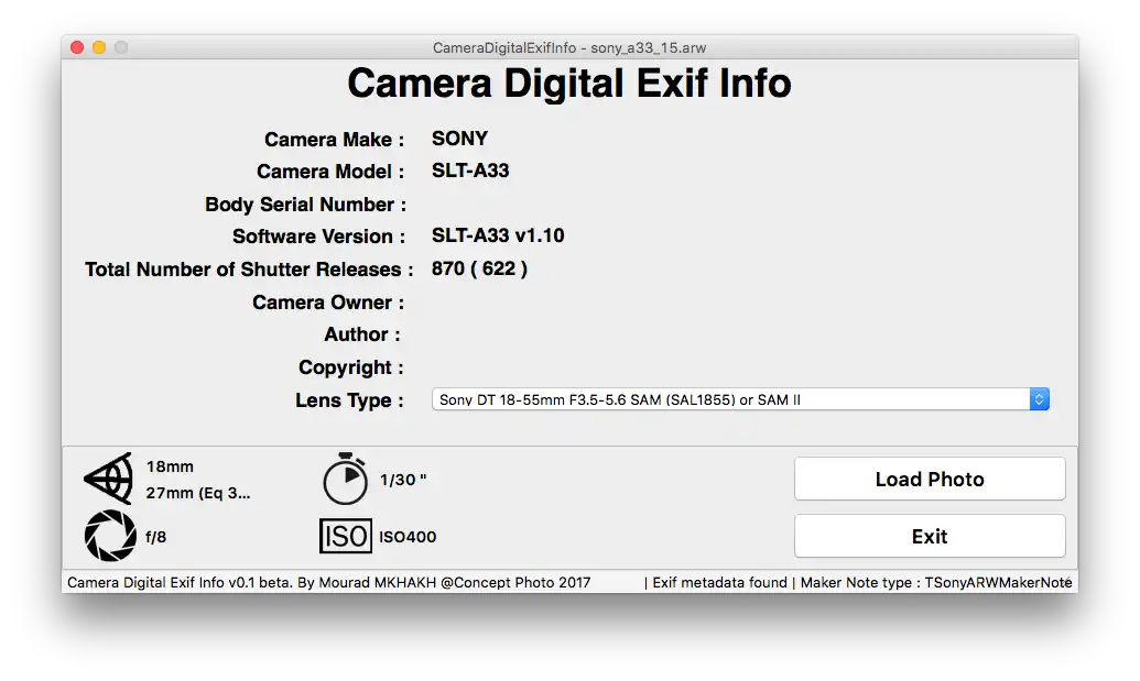 Download web tool or web app Camera Digital Exif Info