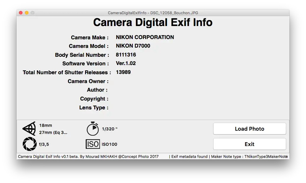 Download web tool or web app Camera Digital Exif Info