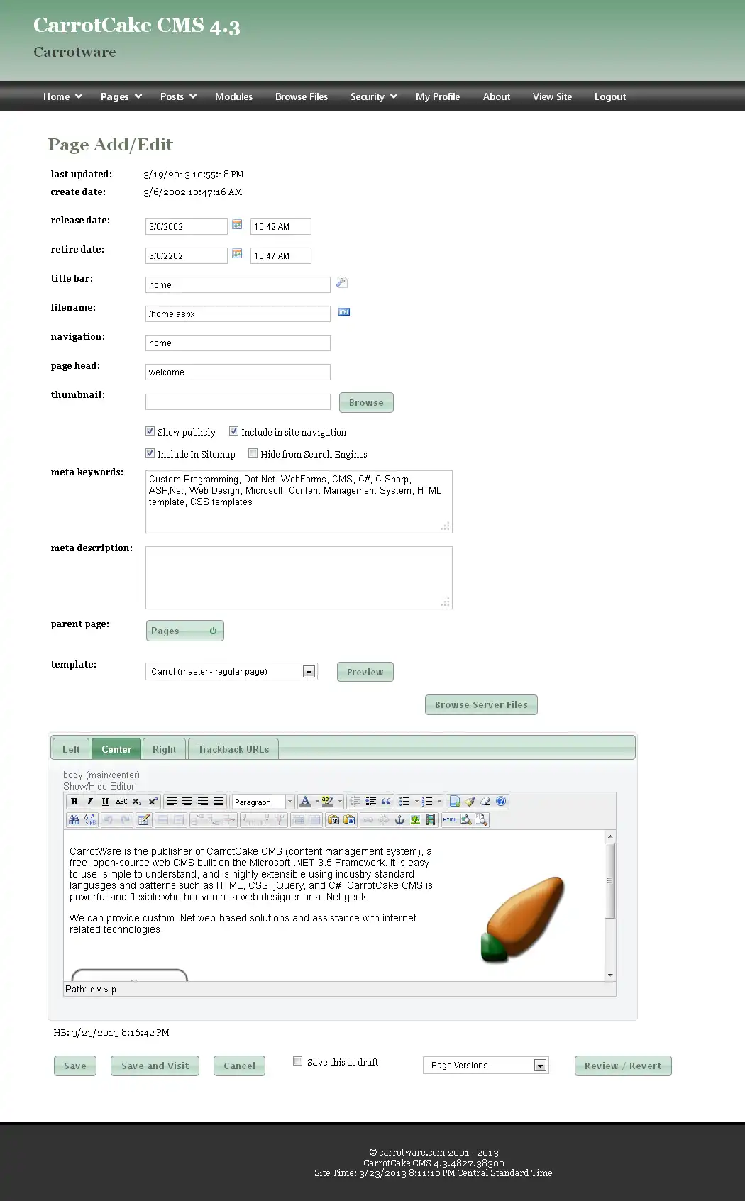 Загрузите веб-инструмент или веб-приложение CarrotCakeCMS