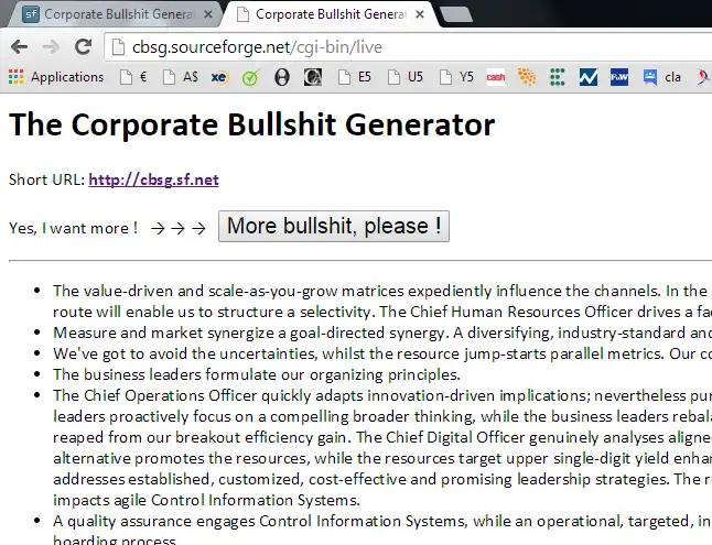 Download web tool or web app Corporate Bullshit Generator to run in Windows online over Linux online