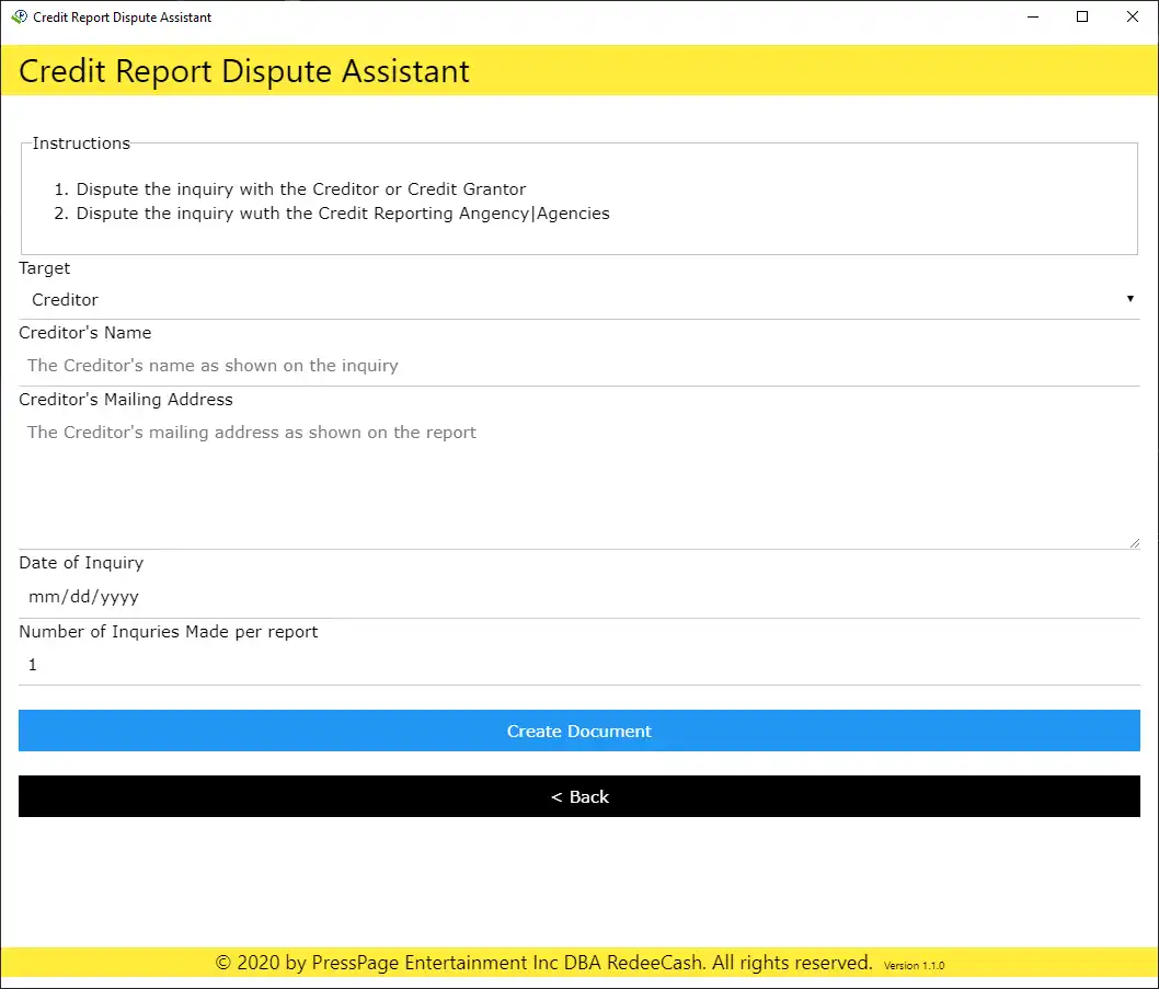 Download web tool or web app Credit Report Agency Dispute