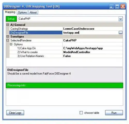 Загрузите веб-инструмент или веб-приложение DBDesigner4 в генератор кода CakePHP