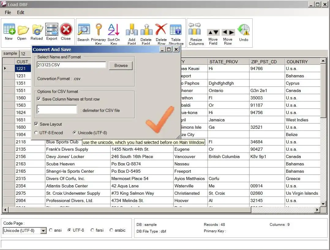 Download web tool or web app DBF converter (unicode support)