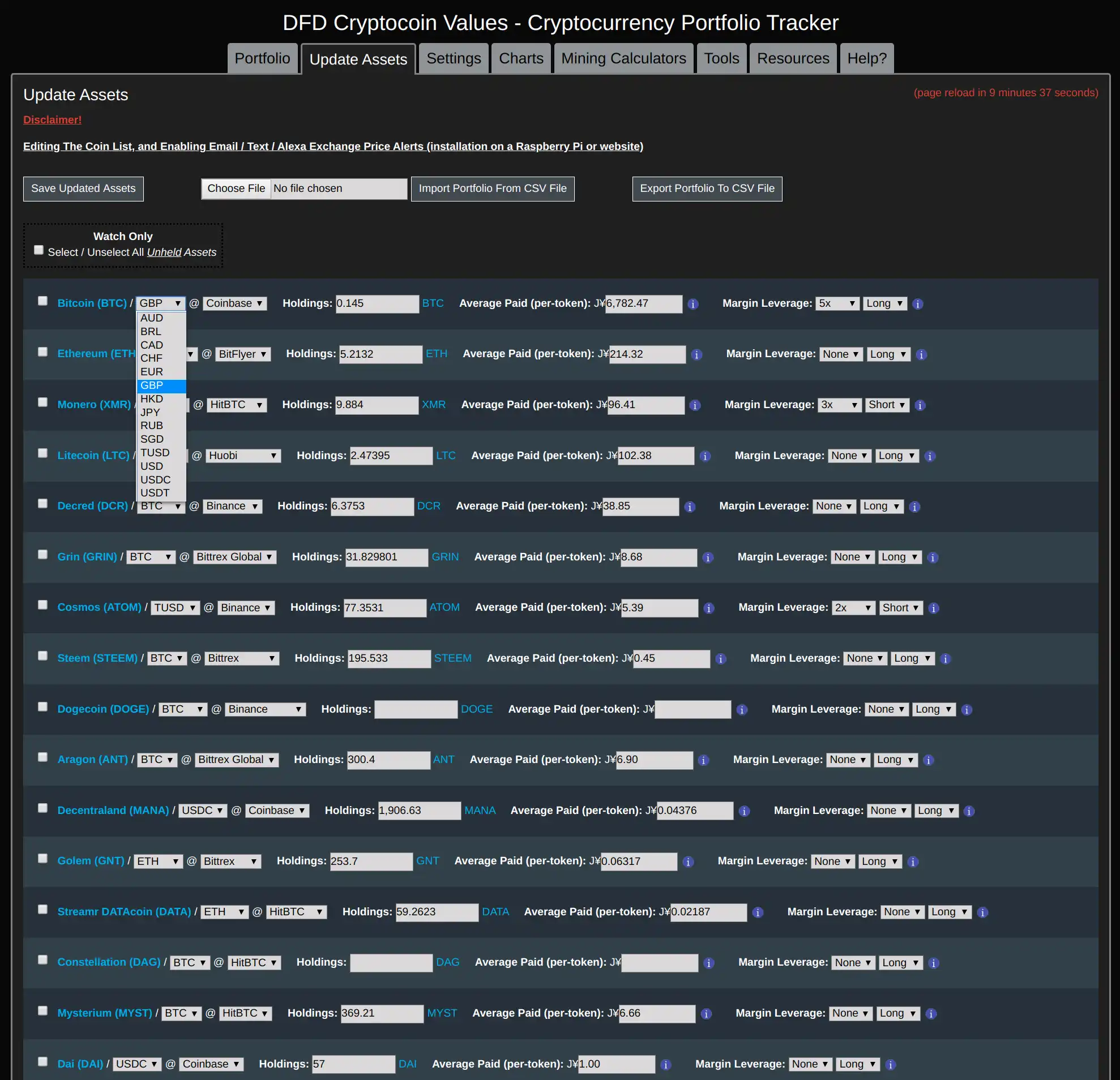 Download web tool or web app DFD Cryptocoin Values