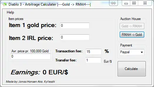 Descargue la herramienta web o la aplicación web Diablo 3 Arbitrage Profit Calculator para ejecutar en Windows en línea sobre Linux en línea