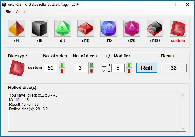 Pobierz narzędzie internetowe lub aplikację internetową dice v2.3 — darmową grę RPG do gry w kości do uruchamiania w systemie Windows online przez Internet w systemie Linux