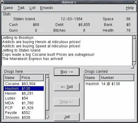 Download web tool or web app dopewars drug dealing game to run in Linux online