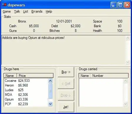 Download web tool or web app dopewars drug dealing game to run in Windows online over Linux online