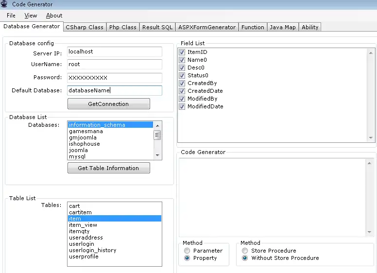 Muat turun alat web atau aplikasi web Dot Net MySql Generator