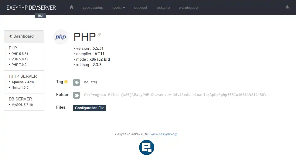 Scarica lo strumento web o l'app web EasyPHP Devserver Webserver