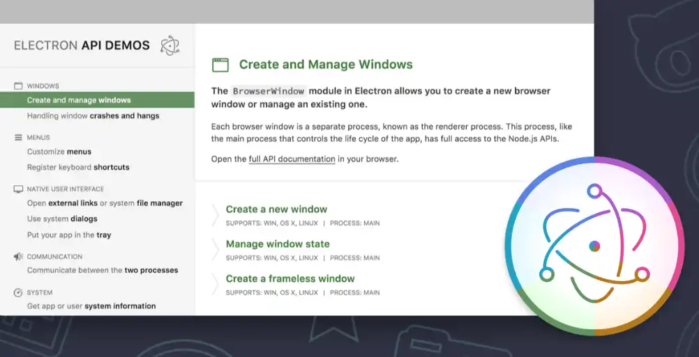 قم بتنزيل أداة الويب أو تطبيق الويب Electron API Demos
