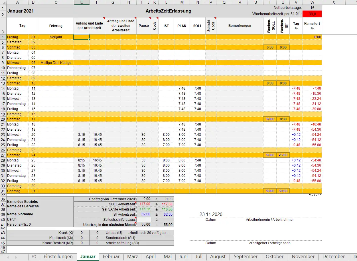 Web ツールまたは Web アプリ EXCEL をダウンロード-ArbeitsZeitErfassung