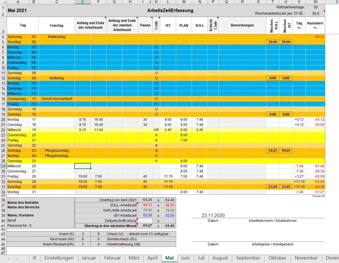 Mag-download ng web tool o web app EXCEL-ArbeitsZeitErfassung