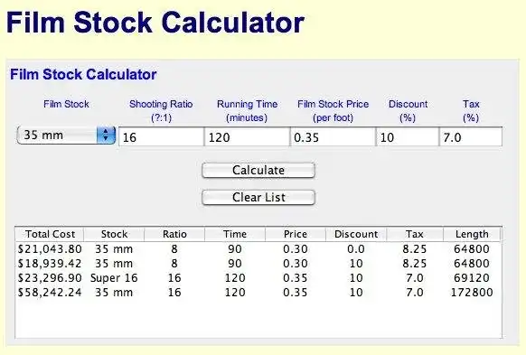 Download web tool or web app Film Stock Calculator