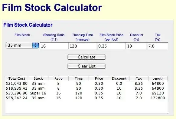 Завантажте веб-інструмент або веб-програму Film Stock Calculator