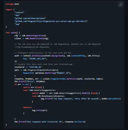 Завантажте веб-інструмент або веб-додаток Fingerprint Pro Server Go SDK