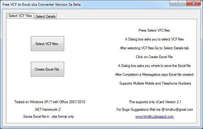 Download web tool or web app Free VCF to Excel XLSX